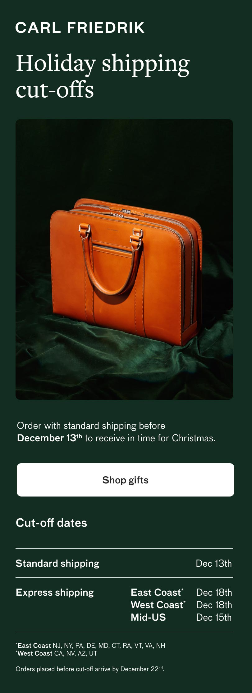 Holiday shipping cut-offs